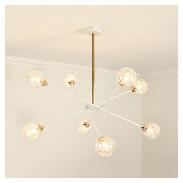 Contemporary White Arm Chandelier Line Metallic Amber//Clear/Silver/Smoke Grey/White Suspension Light with Spherical Shade for Study Room