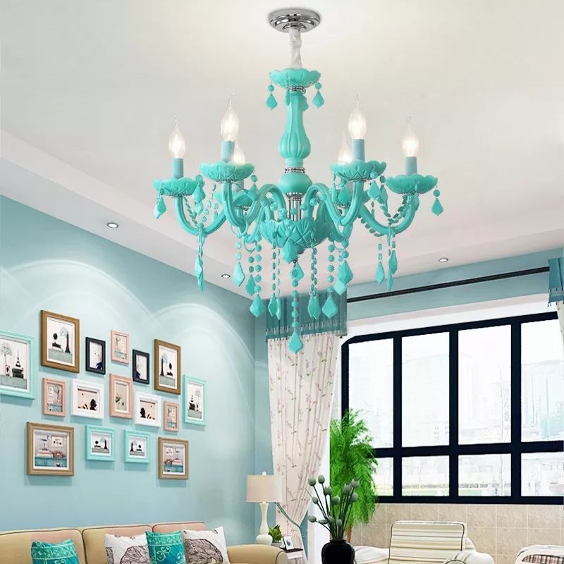 Macaron Stylish Suspension Light with Crystal Deco Candle 6 Lights Metal Chandelier for Teen