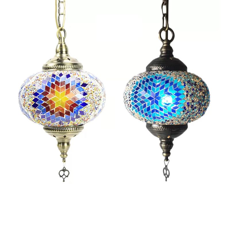 Global Hanging Lamp Traditional 1/2 Heads Red/Blue/Red-Blue Glass Ceiling Pendant Light for Living Room