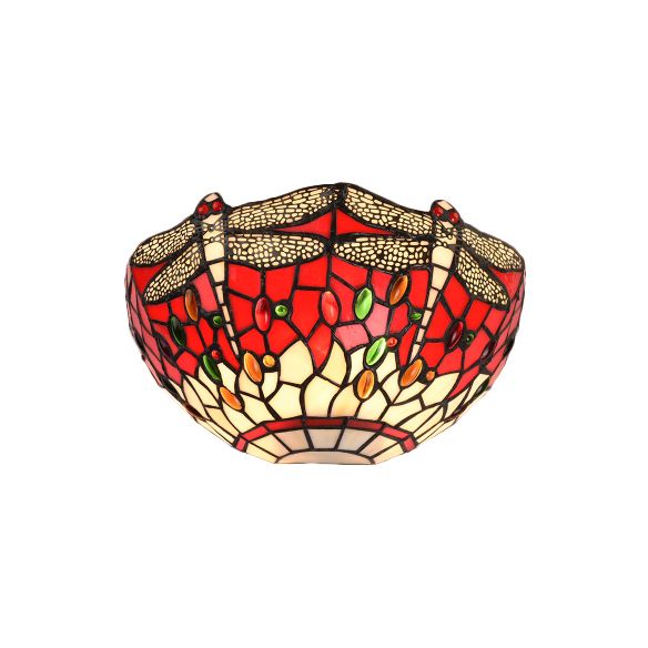 Half-Bowl Wall Light with Dragonfly and Jewel Tiffany Stained Glass Wall Sconce in Red/Blue for Cafe