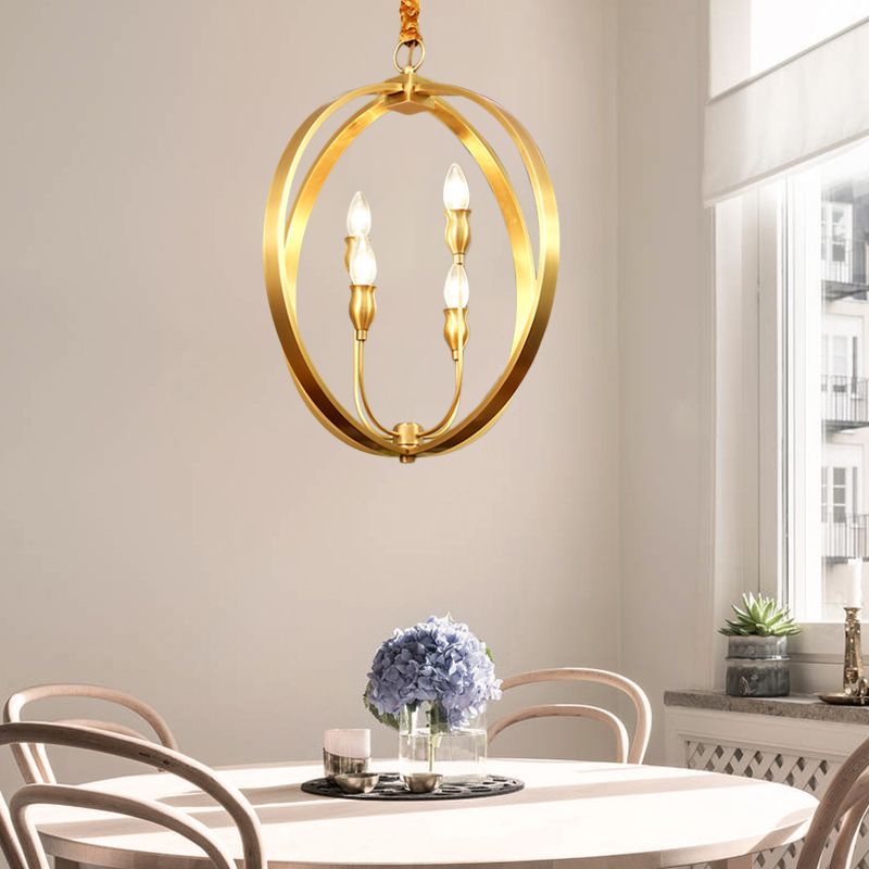 Colonial Round/Square Hanging Chandelier Metal 4 Bulbs Suspension Light in Gold for Dining Room