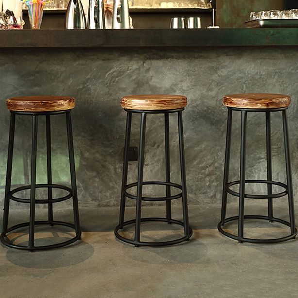 Industrial Round Bar Stools Solid Wood Black Footrest Counter Stool for Shop
