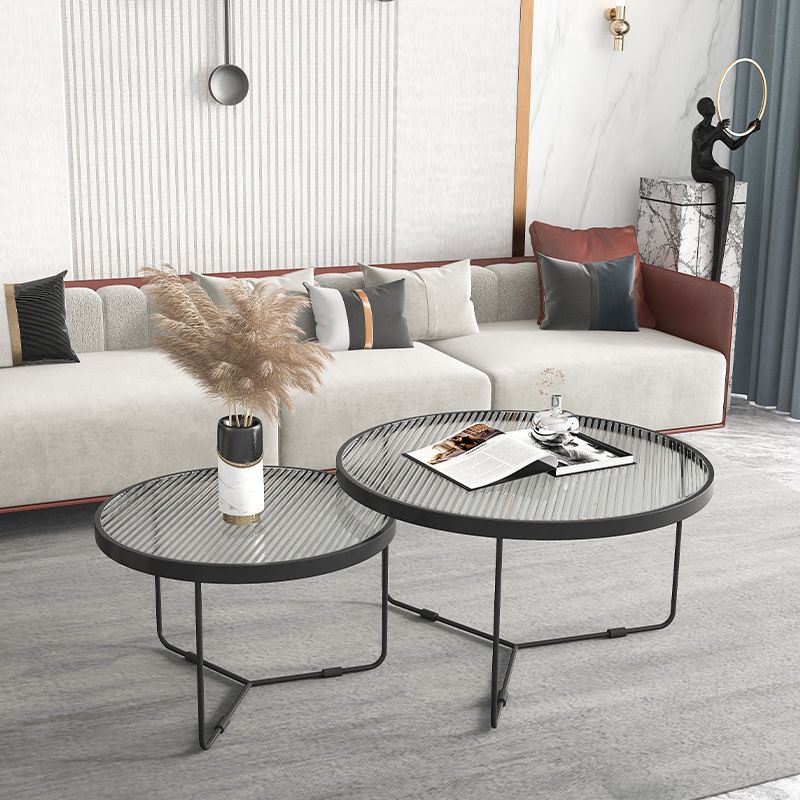 Contemporary Round Nesting Coffee Table with Glass Top and Iron Base