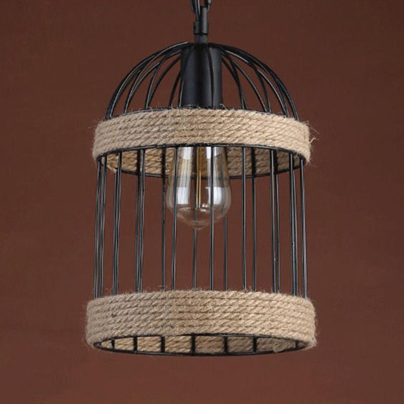 Rope Beige Pendant Light Kit Bird Cage Vintage Style Hanging Light Fixture for Restaurant