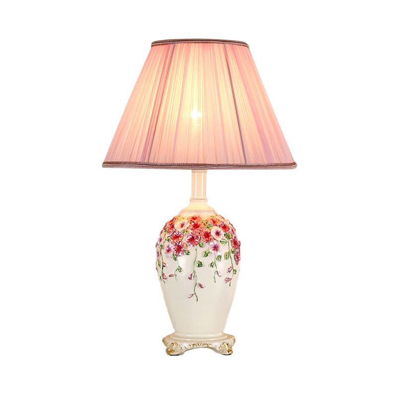 Gathered Fabric Beige/Pink Nightstand Light Conical 1 Light Pastoral Style Table Lamp with Painted Pottery Base