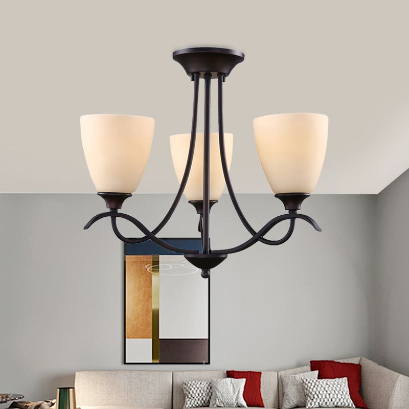 3 Lights Semi Mount Lighting Country Bud White Glass Flush Ceiling Light Fixture for Dining Room