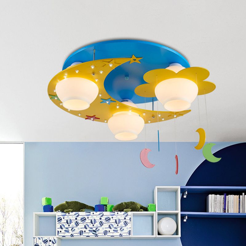 Wood Moon Flush Mount Lamp Kid 3 Bulbs Blue Flush Ceiling Light with Blown Glass Shade