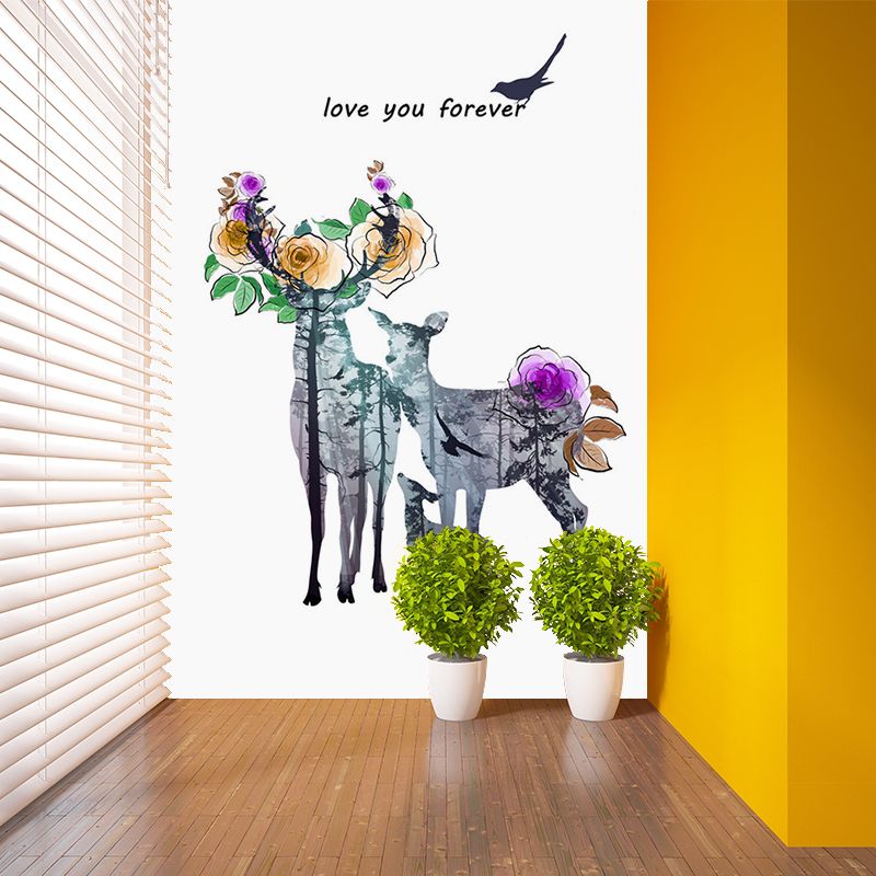 Deer Family Watercolor Murals Art Deco Moisture Resistant Bedroom Wall Covering, Customized Size