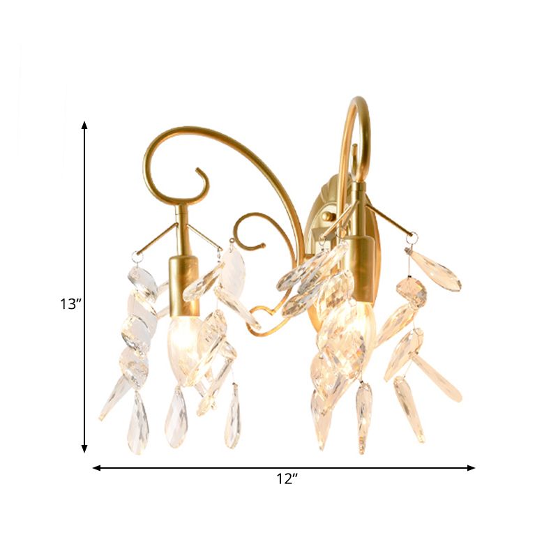 Cadre de défilement en larme Crystal Mur Mount Light Contemporain 2 lumières Gamique en laiton Lumière pour la chambre
