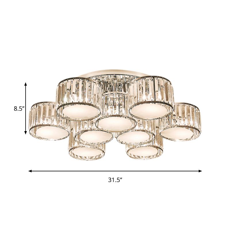 Crystal Drum Flush Mount Modernist 3/5/7 Heads Living Room Ceiling Lamp in Chrome Finish