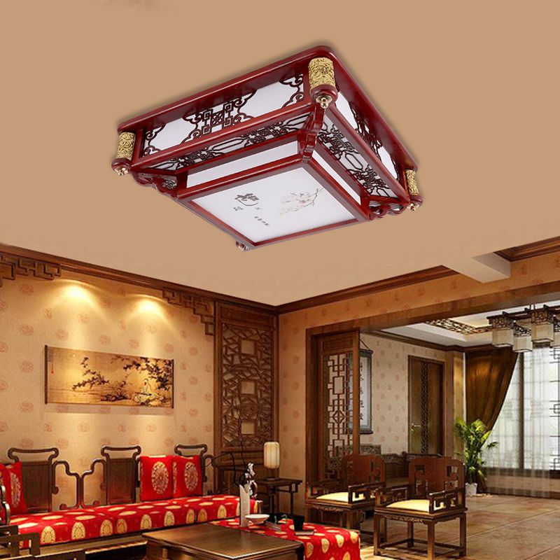 21.5"/39" Wide LED Rectangle Flush Mount Traditional Dark Red Wood Flush Light Fixture for Living Room