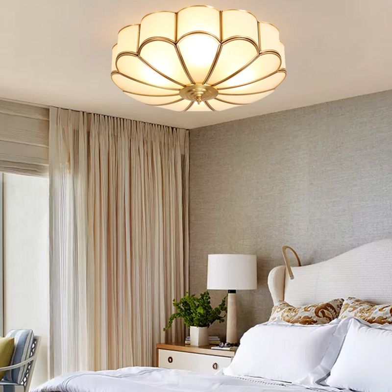 Brass Shaded Ceiling Mounted Fixture Traditional Bedroom Close to Ceiling Chandelier