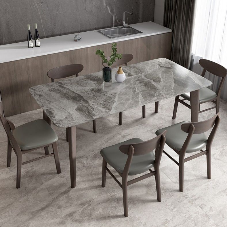 Modern Style Sintered Stone Dining Table with Grey Table and 4 Solid Wood Legs Base for Home Use