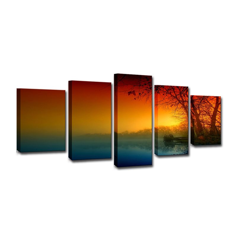 Orange Sunset River Canvas Art Nature Landscape Modern Multi-Piece Wall Decor for Home