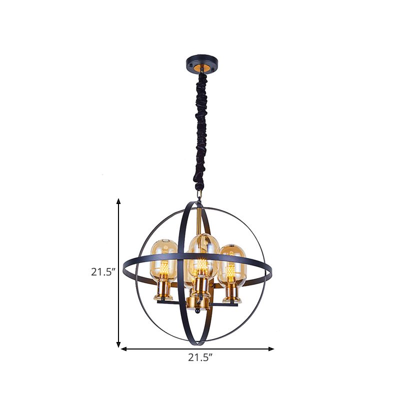 Amber Glass Ellipse Pendant Chandelier Contemporary 4/6-Light Black-Gold Suspension Lamp with Orb Frame Design