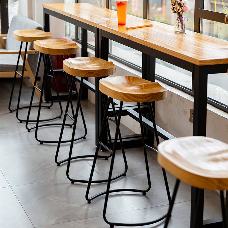 Modern Contoured Seat Pine Solid Wood Bar Stool with Iron Base