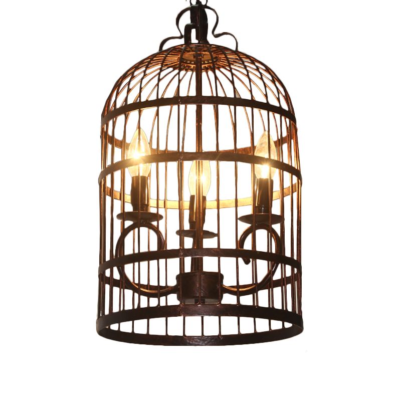 Metal Elongated Bird Cage Pendant Light Rural 3-Head Indoor Chandelier Lighting Fixture in Black
