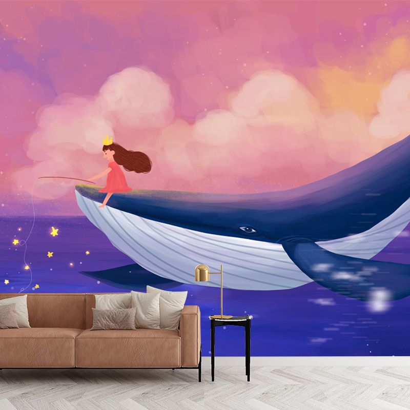 Girl Fishing on Whale Mural Pink-Blue Childrens Art Wall Covering for Kids Bedroom