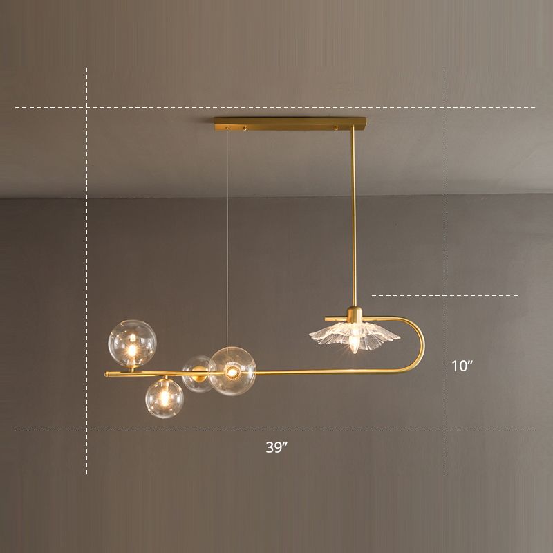 Creative Postmodern Suspension Lamp Brass Finish Ball and Lotus Leaf Island Light with Glass Shade