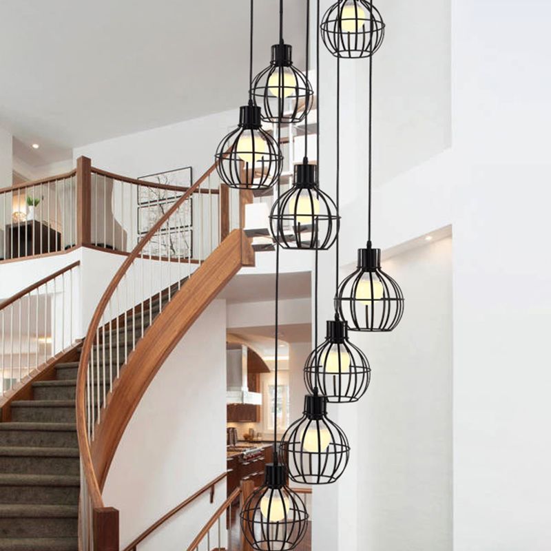 6 bulbos Globe Cage Hanging Lighting Industrial Black Metal Multi Light Pendse con diseño de espiral