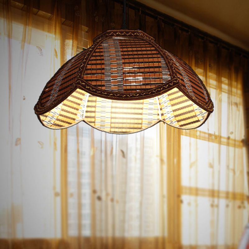 Flower Shaped Hanging Light Fixture Chinese Bamboo 1 Light Brown/Beige Pendant Lamp for Bedroom Balcony