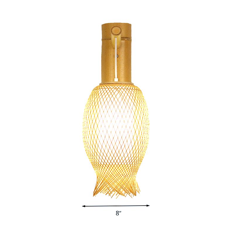 Hand Woven Bamboo Wall Sconce Lighting Asian Style 1 Bulb Beige Wall Lamp with Oblong Shade