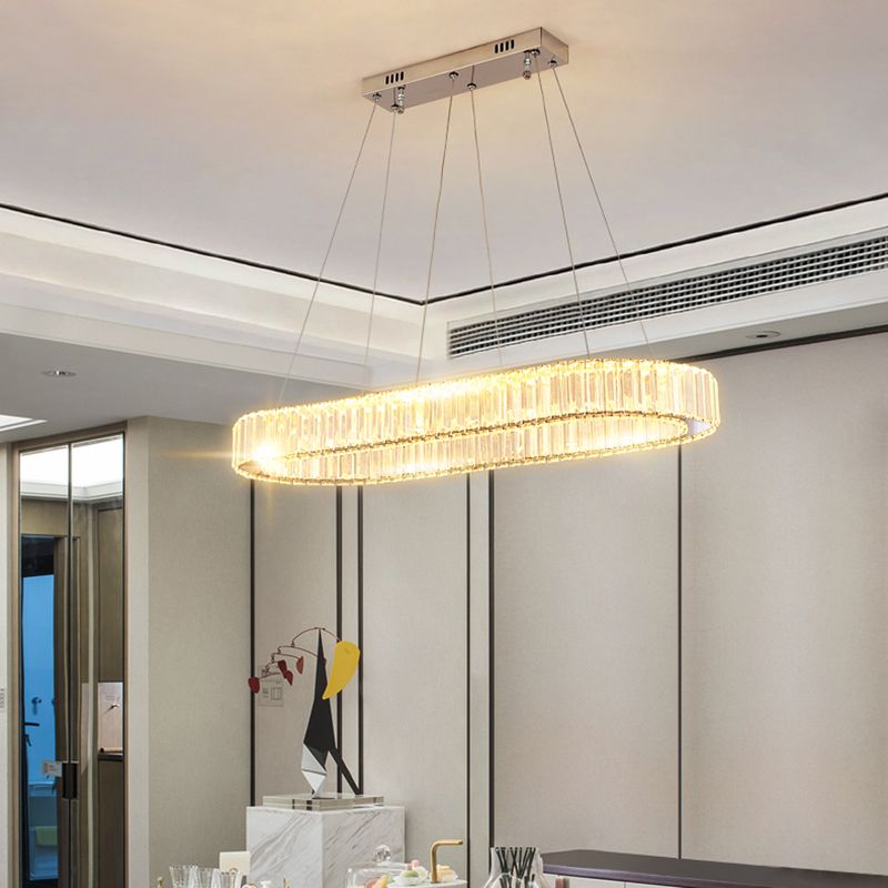 Minimalist Oblong LED Suspension Lamp Optical K9 Crystal Restaurant Hanging Island Light