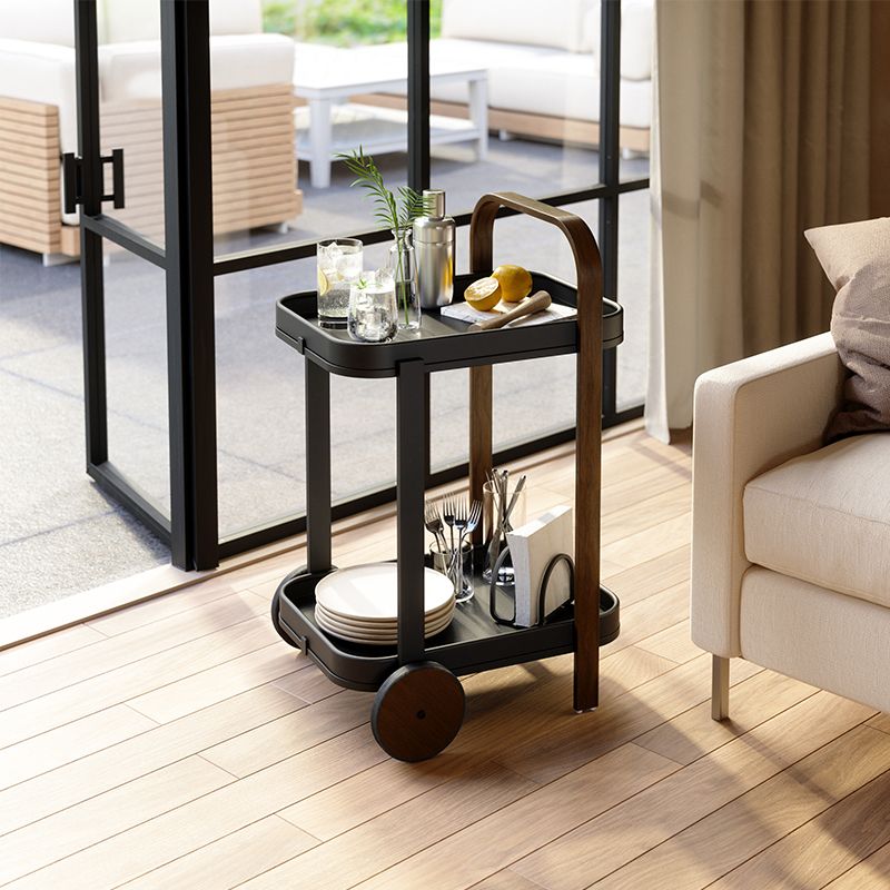 Wood Rectangle Tray Top Side Table 31.5-inch End Table with Wheel and Shelf