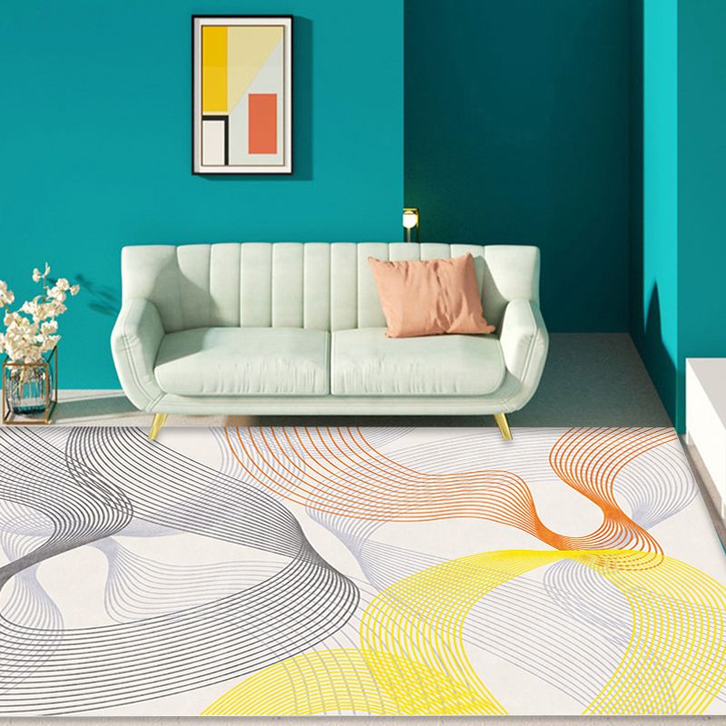 Modernist Swirl Stripe Pattern Rug Grey and Yellow Polyester Rug Non-Slip Backing Washable Pet Friendly Carpet for Home