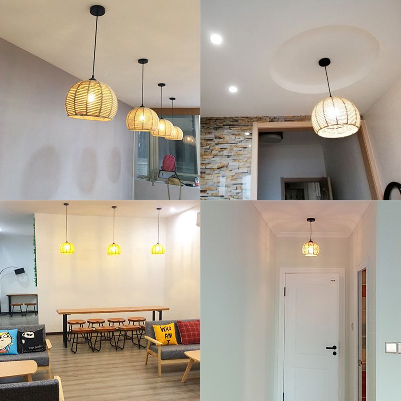 Spherical Shade Rattan Hanging Light 1-Light Asian Style Pendulum Light in Beige