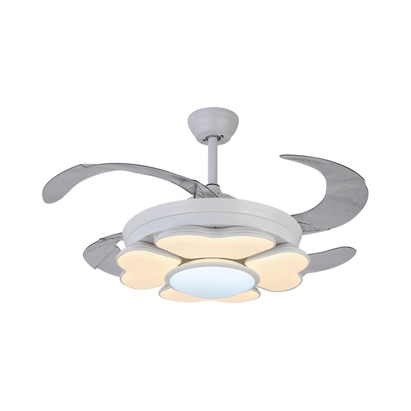 42 "W LED Acrylhangventilator Lamp Noordelijke witte ring Slaapkamer Semi -spoelmontage Lamp met 4 messen, op afstand/muurbediening/afstandsbediening en muurregeling