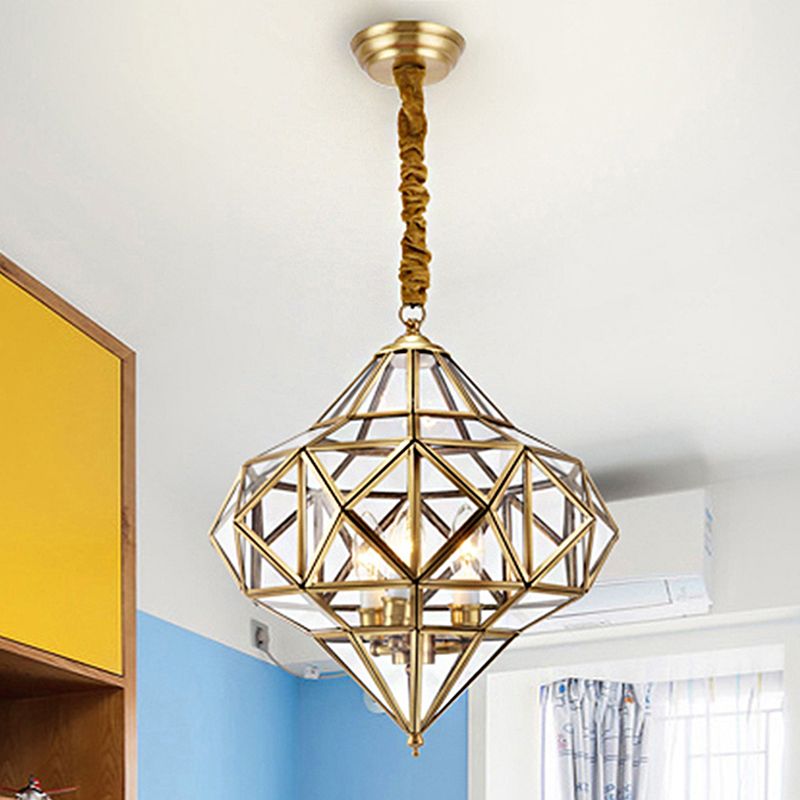 Clear Glass Geometrical Chandelier Lamp Retro 3 Bulbs Brass Pendant Lighting Fixture for Bedroom