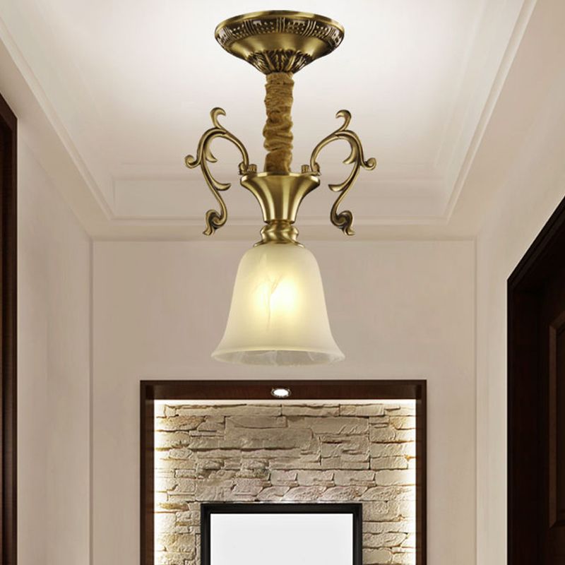 Brass 1 Head Hanging Lighting Colonial White Frosted Glass Bowl/Dome/Trapezoid Ceiling Suspension Lamp for Porch
