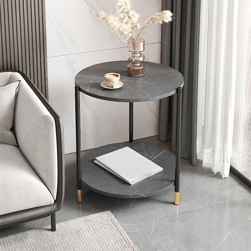 Modern Style Rock Slab Table Top Metal Steel Base with Circular Storage Space Side Table