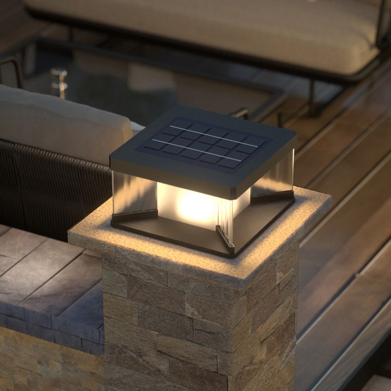 Square Shape Metal Outdoor Lamp Modern Style 1 Light Solar Pillar Light in Black