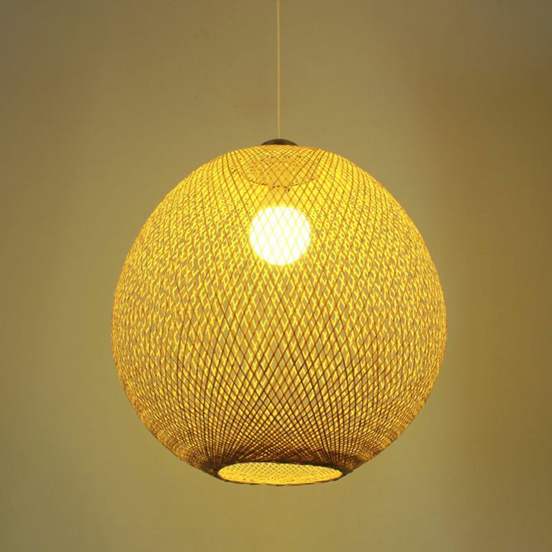 Beige Globe Pendant Light Fixture Chinese 1 Bulb Bamboo Suspension Lighting for Living Room