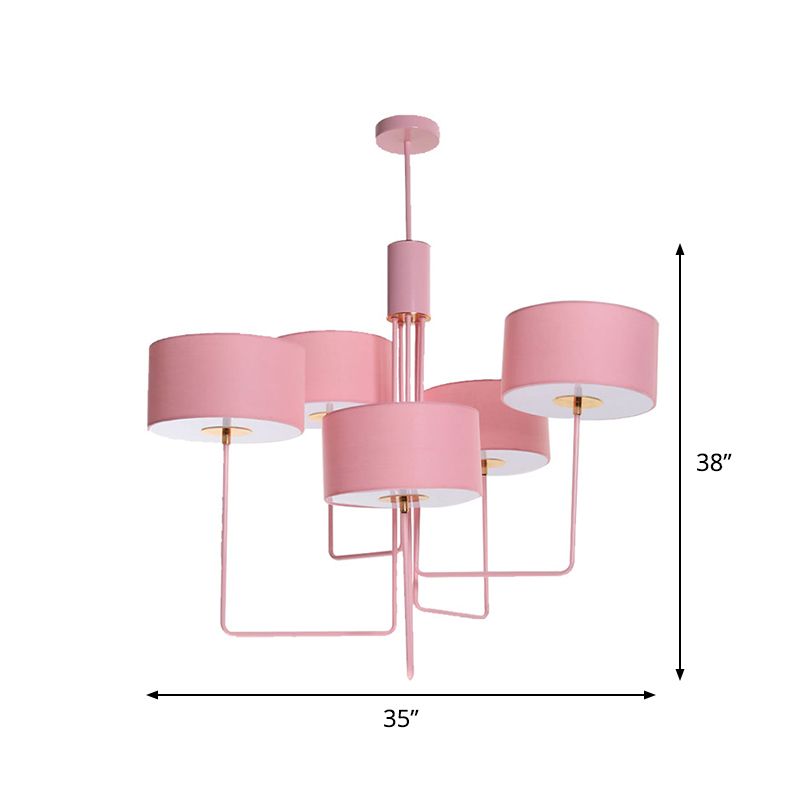 Moderne Drum Kronleuchter Beleuchtung Stoff 5 Lampen Wohnzimmer Hanging Lamp Kit in Pink