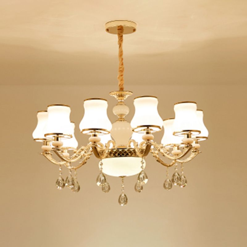 Klassieke Bud Chandelier Lighting White Glass Hanglamp met kristalafgraden voor woonkamer