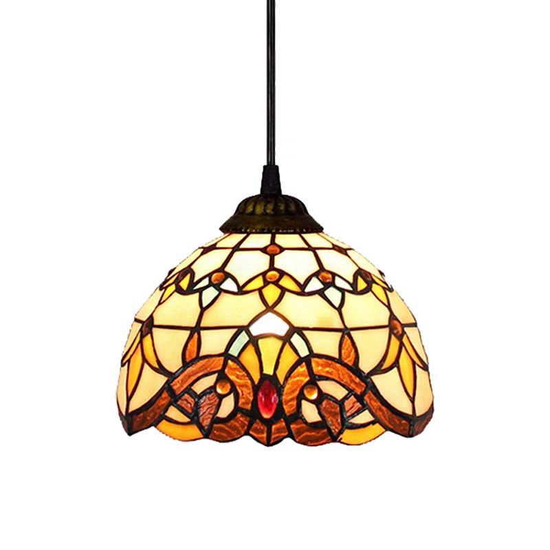 Gebrandschilderde koepel Suspensie Licht Victoriaanse stijl 1 Lichte Foyer Pendantverlichting in oude bronzen afwerking