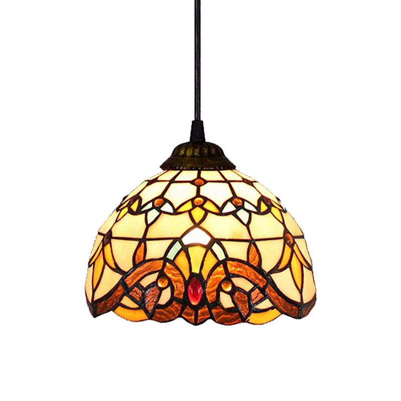 Stained Glass Dome Suspension Light Victorian Style 1 Light Foyer Pendant Lighting in Aged Bronze Finish