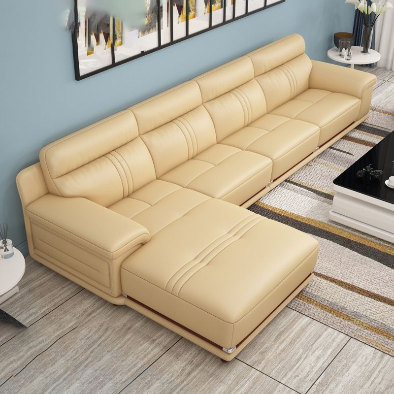 Genuine Leather Sectional Sofa Beige Pillow Top Arm Sofa with Cushion Back