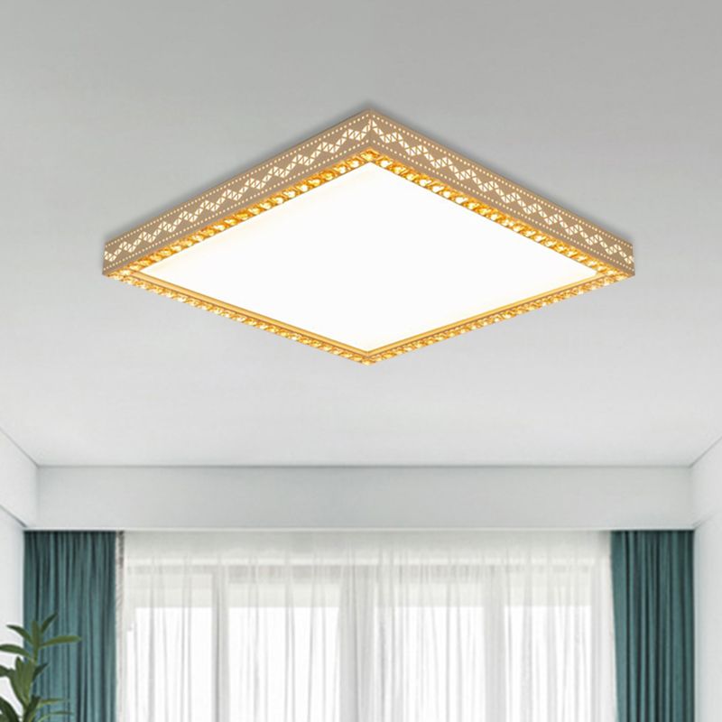 Squared Ceiling Flush Mount Minimalism Metallic LED White Flush Lamp Fixture with Crystal Block Deco