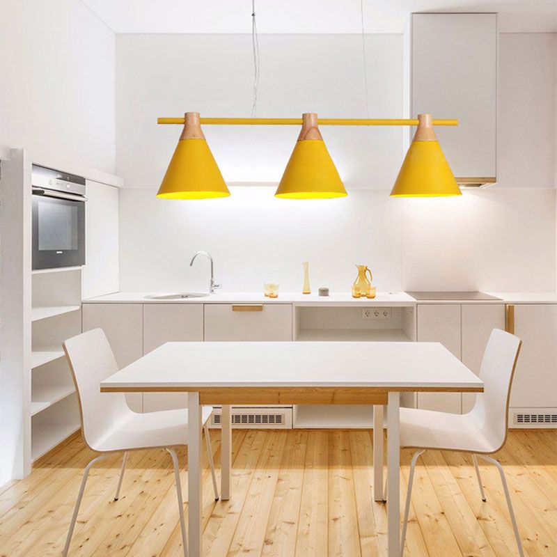 Triple Light Cone Shade Island Lighting Nordic Metal Hanging Chandelier in Green/Grey/Yellow for Kitchen