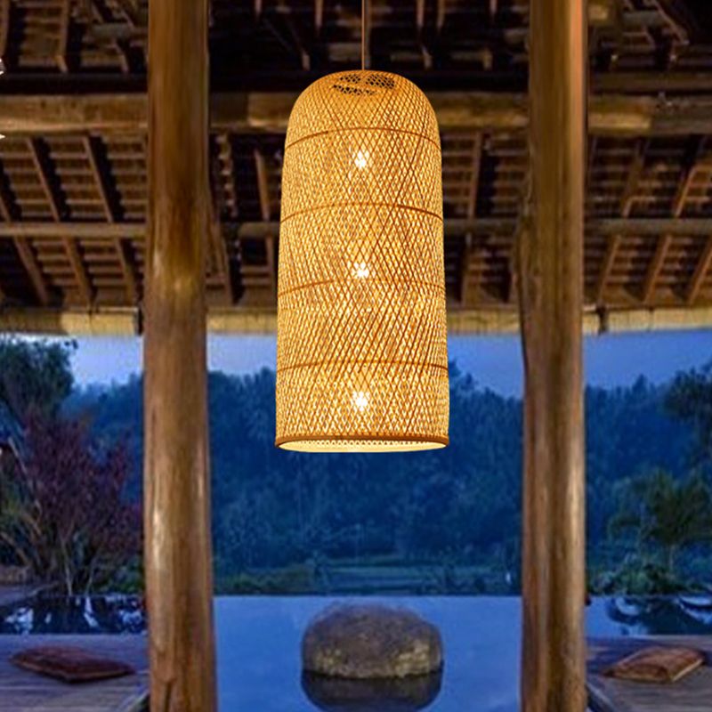 Bell/Bowl/Bottle Hallway Drop Pendant Criss-Cross Woven Bamboo Single-Bulb Asian Hanging Lamp in Beige