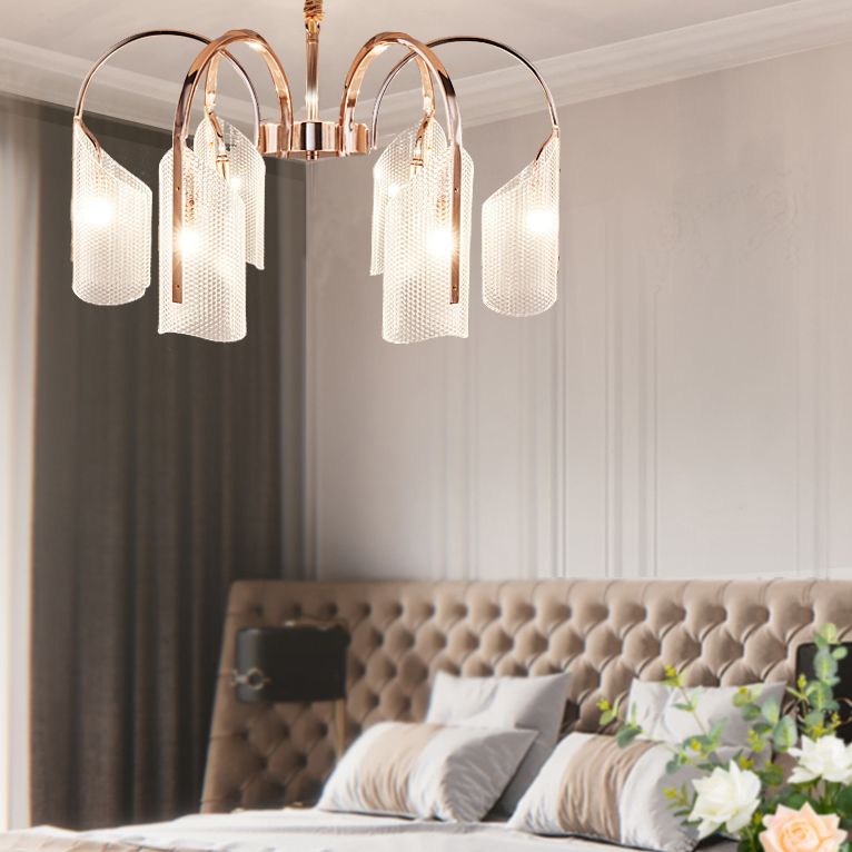 Araña de araña de estilo posmoderno de oro rosa con textura de diamante de brazo de ángulo ajuste de iluminación de sombra acrílica para sala de estar