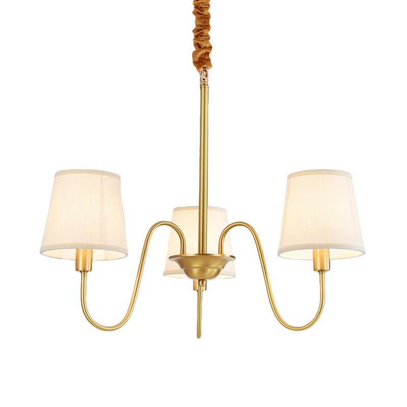 Candelera colgante de cañón de oro Tela colonial 3/5/8 Bulbos Luz de techo de sala de estar con brazo de cobre de cuello de cisne