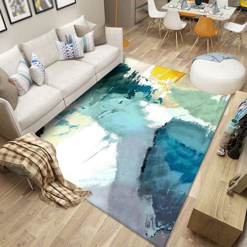 Blue Tone Modern Indoor Rug Polyester Expressionism Print Carpet Easy Care Rug for Home Decoration