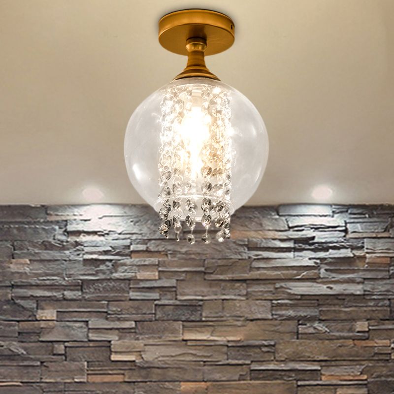 1 Bulb Globe/Cylinder Semi Flush Light Modern Glass and Metal Ceiling Light with Crystal Bead Accent in Brass Finish