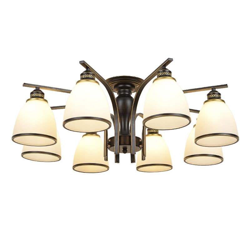 Black Radial Ceiling Light in Traditional Retro Style Wrought Iron Semi Flush Mount with Glass Shade