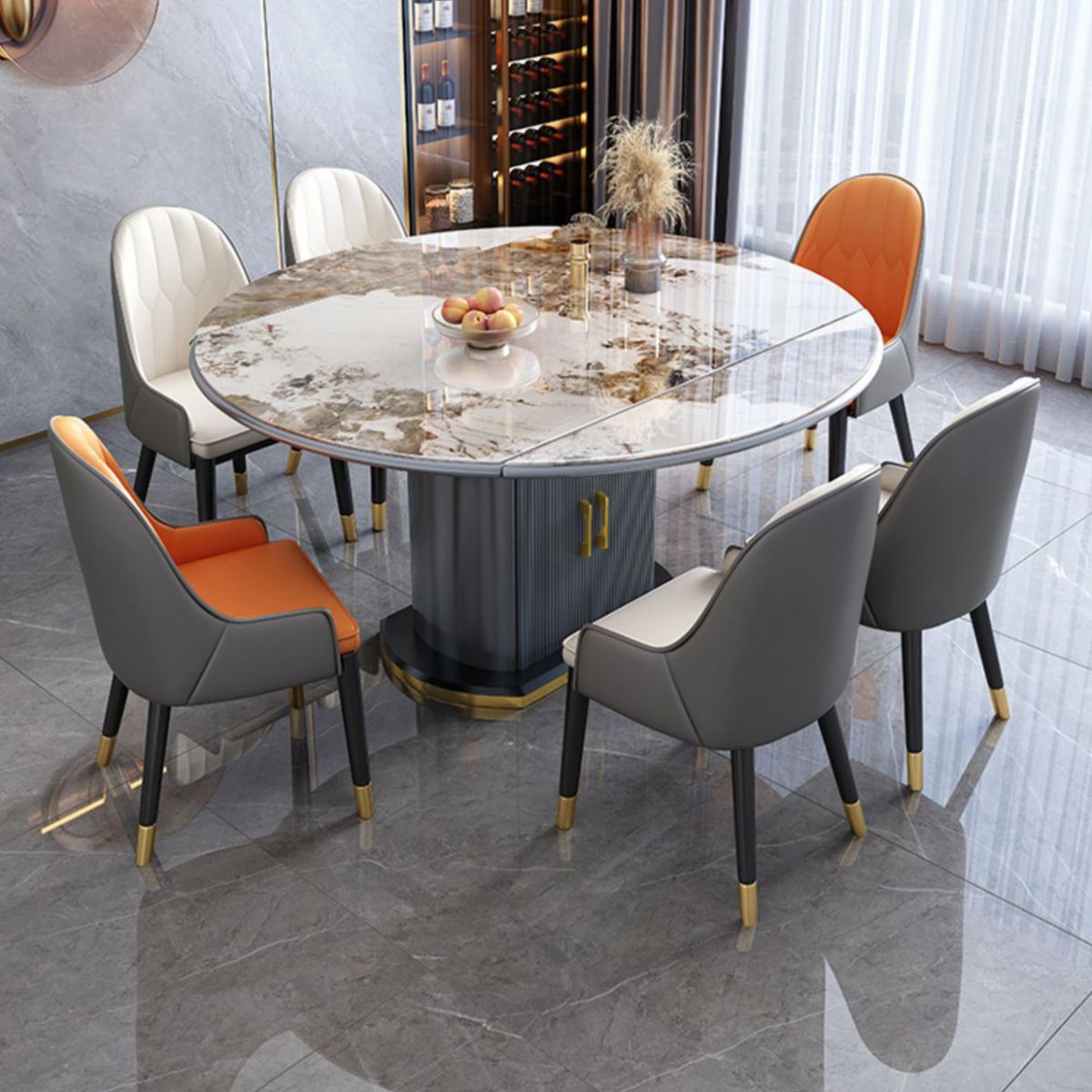 Round Stone Dining Table Traditional Luxury Extendable Dining Table with Pedestal Base